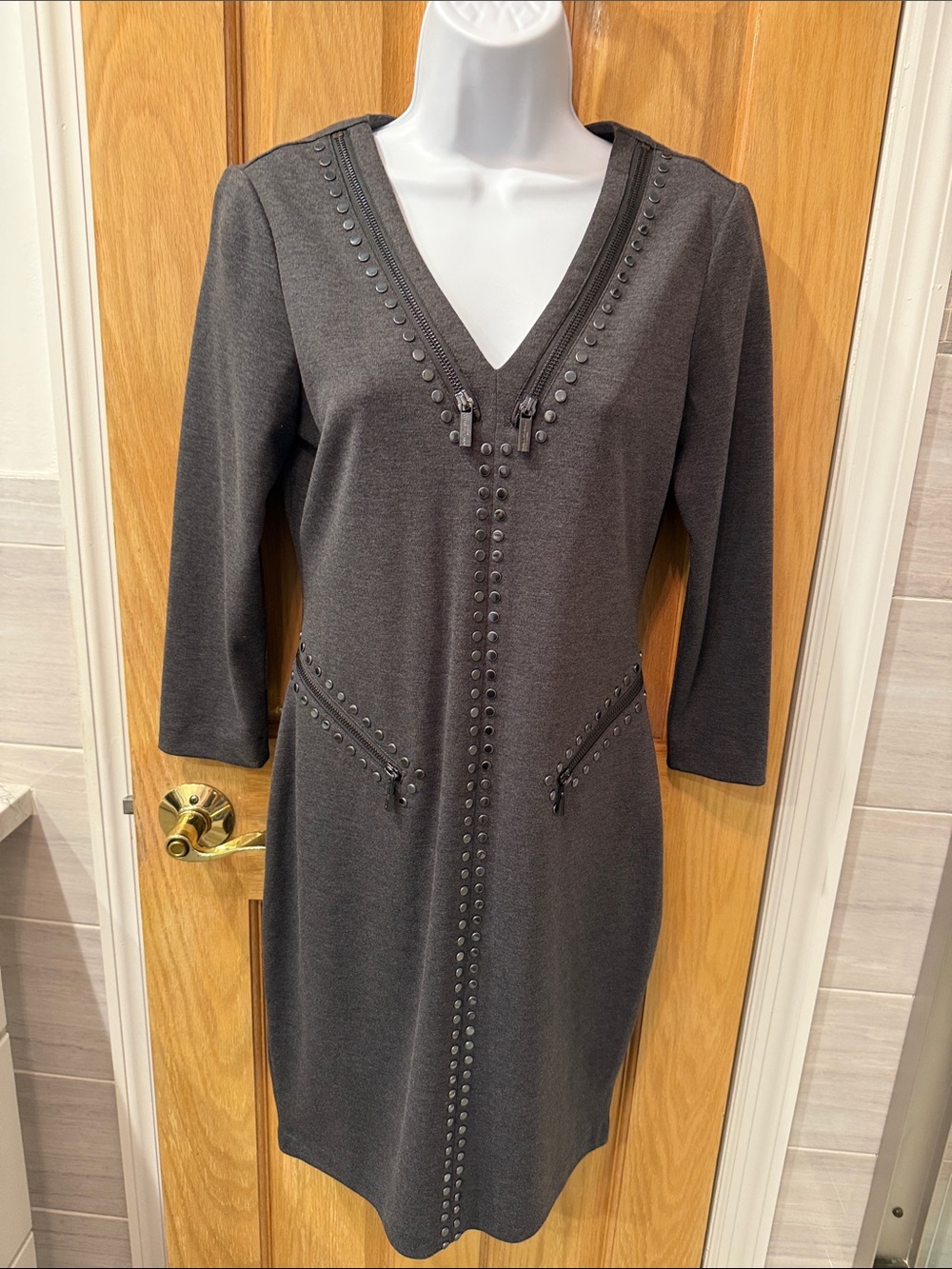Karl Lagerfeld Charcoal Gray V-Neck Stud-Trim Long Sleeve Dress